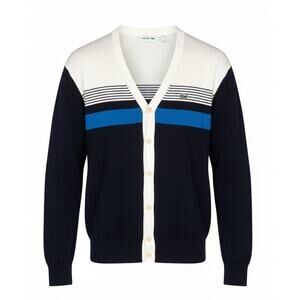 Lacoste V Neck Cardigan Sweater Mens Sz M Blue Stripe Cotton Preppy Grandpacore